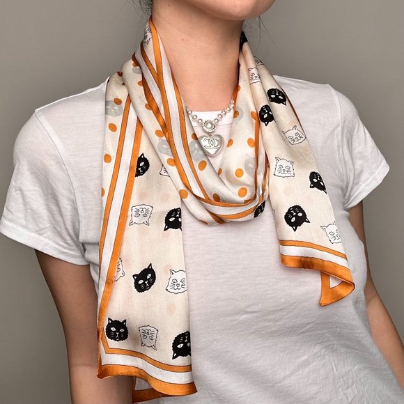 Cats & Polka Dots Orange & White Double-Layer Pure Silk Skinny Scarf
